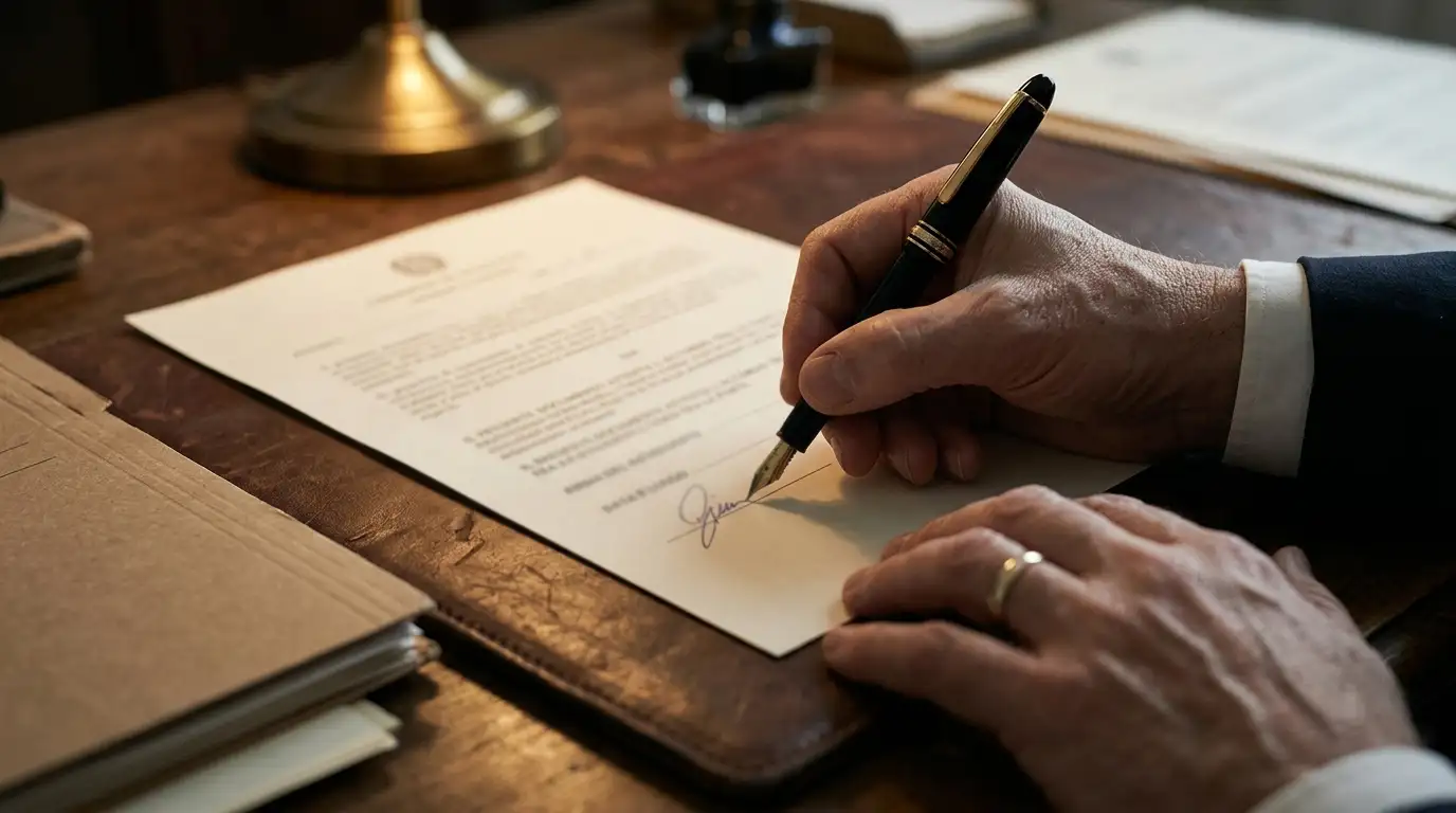 Mano firma documento ufficiale di natura fiscale su scrivania istituzionale