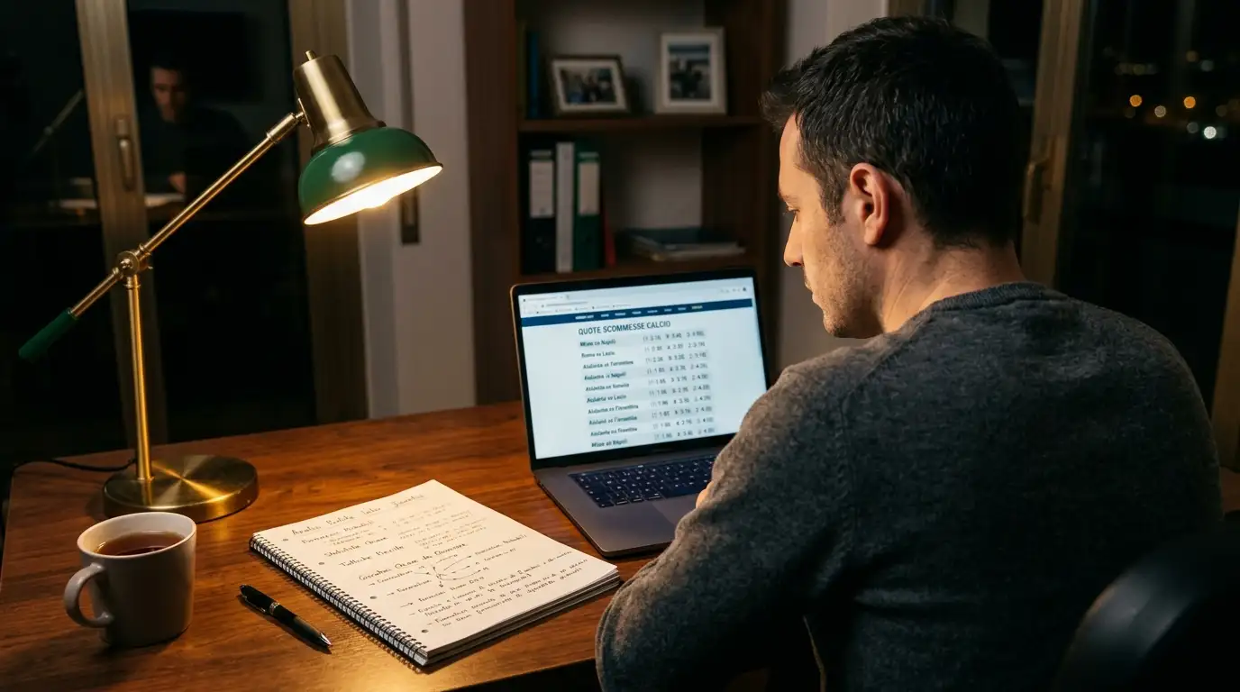 Analista studia quote antepost rugby con appunti e laptop in un ufficio illuminato