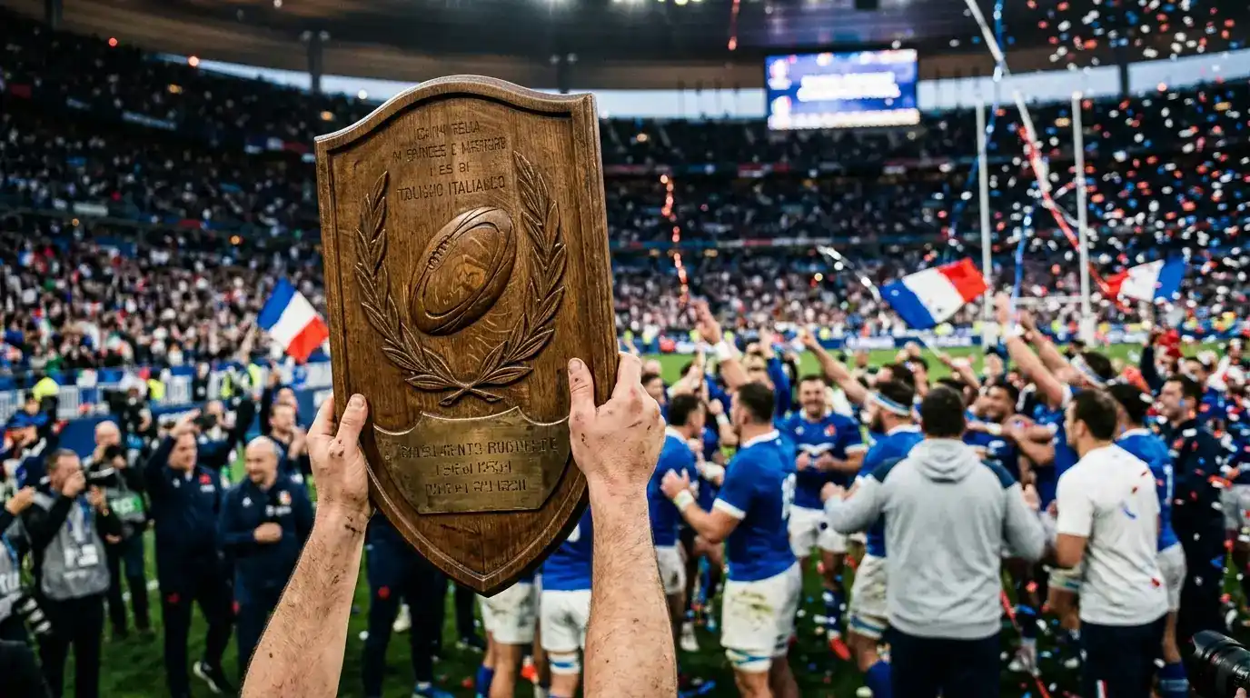 Coppa del Bouclier de Brennus alzata dai giocatori dopo una finale Top 14