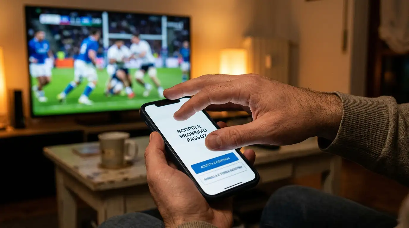 Mano sospesa sopra schermo di smartphone con decisione di betting da prendere