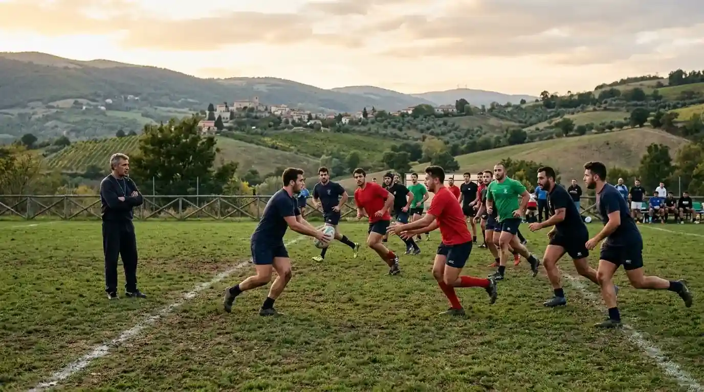 Squadra di rugby italiana di club si allena su un campo provinciale al tramonto