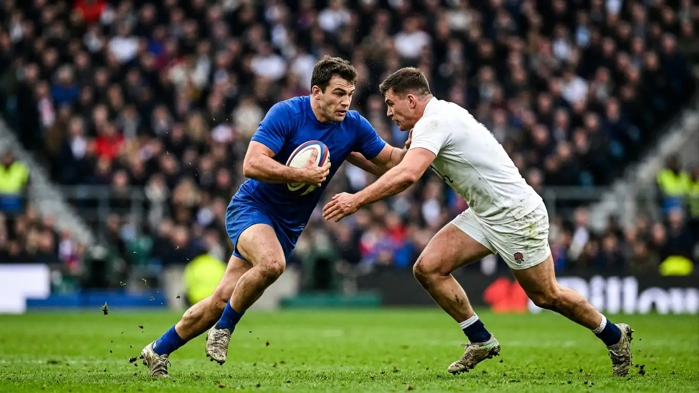 Due giocatori di rugby si fronteggiano prima di un placcaggio durante il match