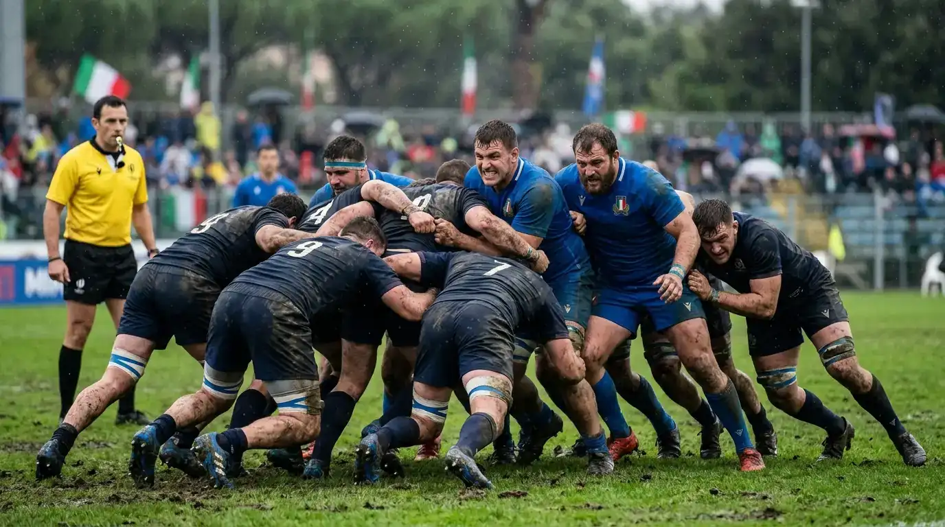 Mischia ordinata tra giocatori azzurri di rugby italiani e avversari sul terreno di gioco