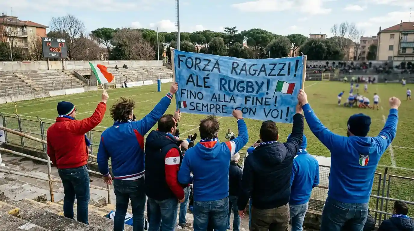 Tifosi di rugby italiani con striscione di sostegno alla squadra