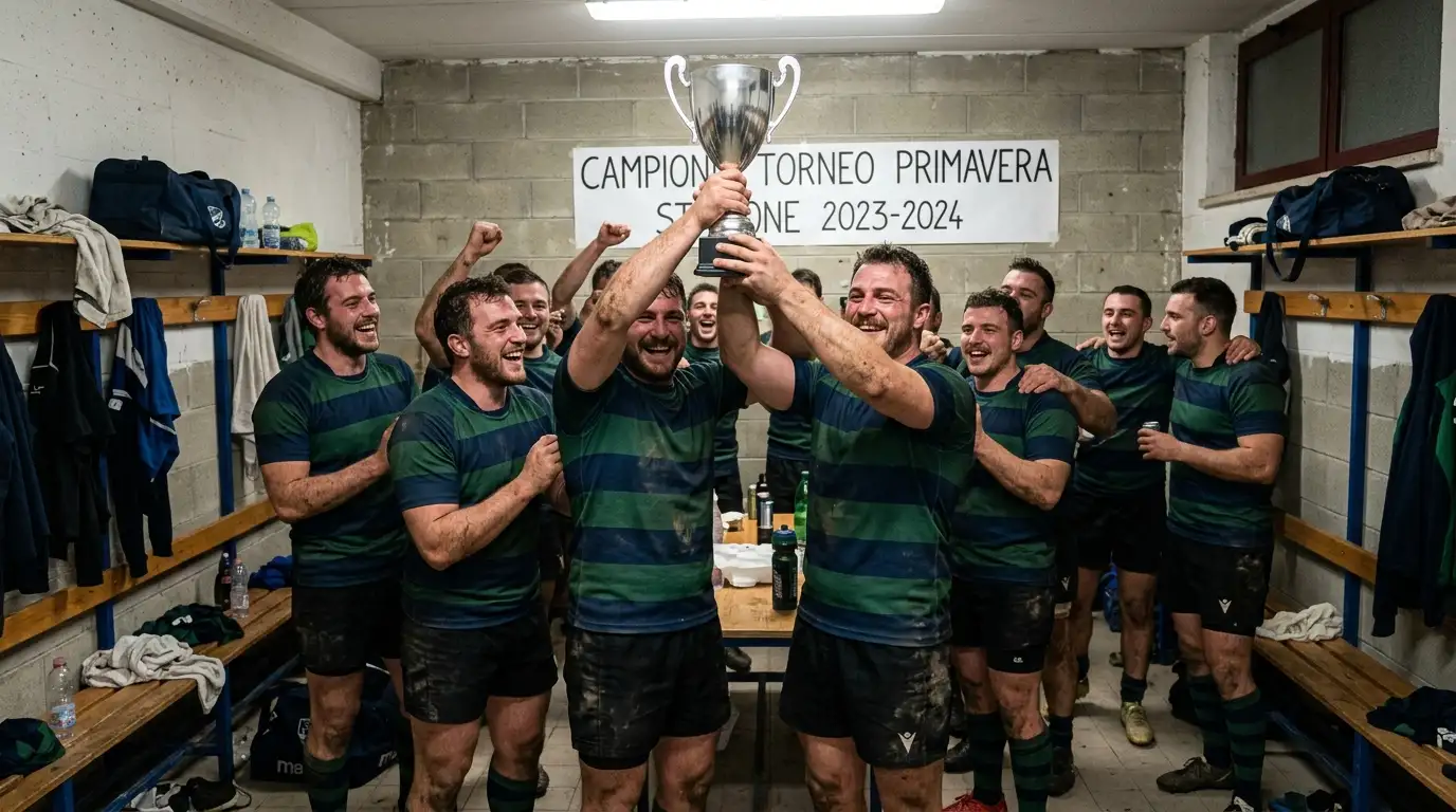 Squadra italiana festeggia lo scudetto del Top 10 Eccellenza in spogliatoio