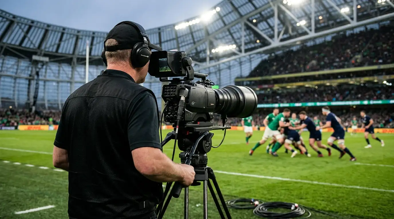 Match di rugby in svolgimento con telecamere broadcast a bordo campo
