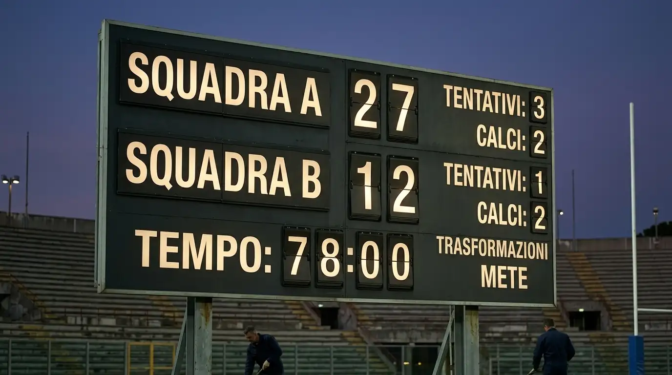 Tabellone segnapunti di uno stadio di rugby con differenza punti tra le due squadre