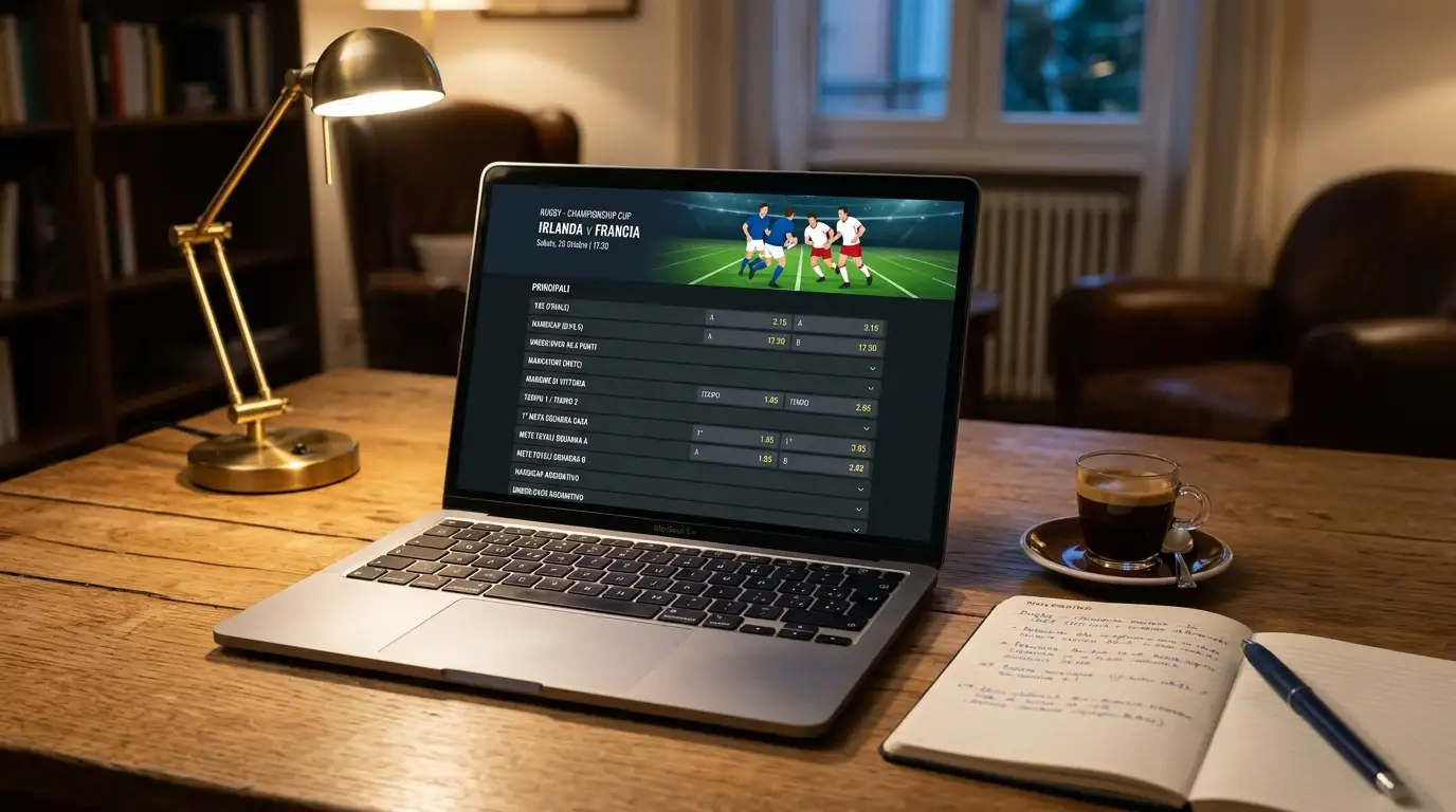 Schermo di laptop apre una scheda match di rugby con elenco di mercati disponibili