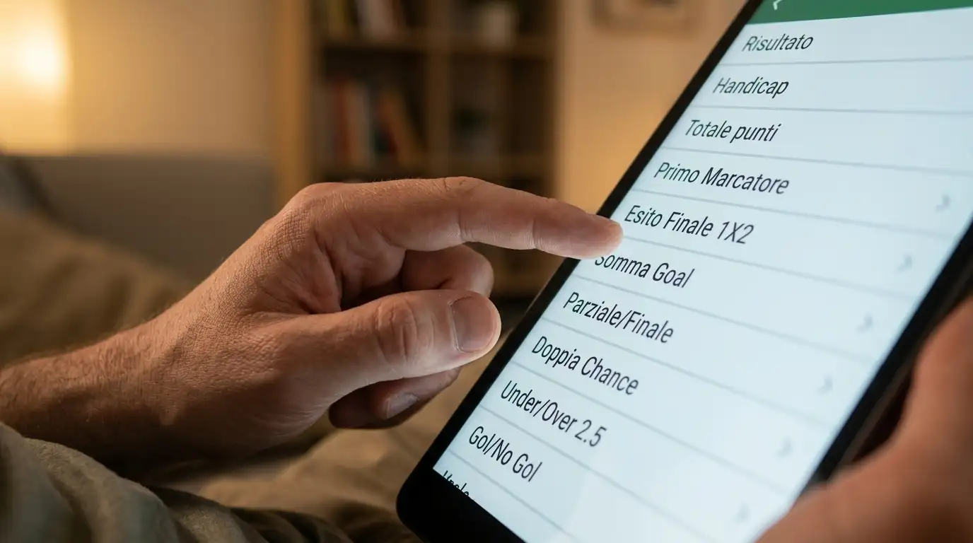 Mano scorre con il dito su un lungo elenco di mercati di scommesse rugby su tablet