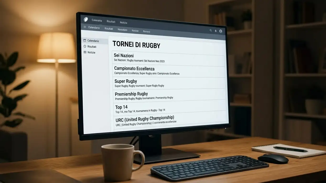 Schermo desktop con elenco sintetico di tornei di rugby disponibili a palinsesto