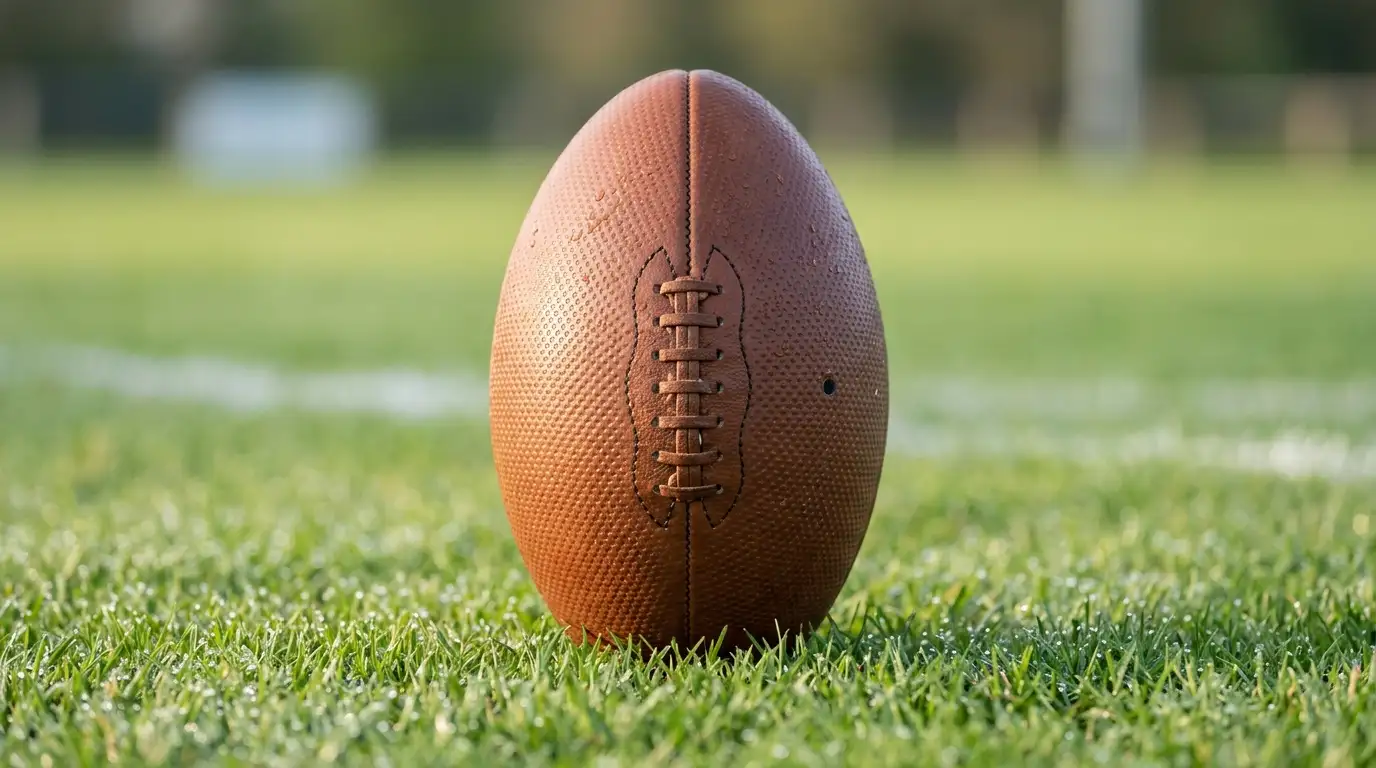 Pallone da rugby Union appoggiato sull'erba del campo in primo piano
