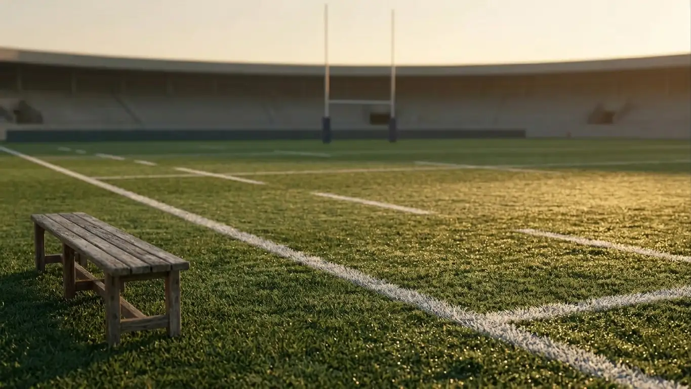 Stadio di rugby vuoto al mattino con sole basso e linee del campo nitide