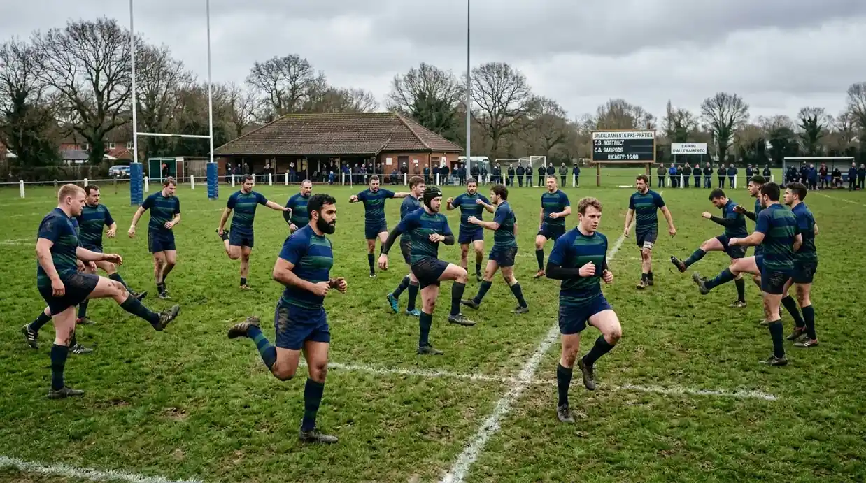 Squadra inglese di rugby si scalda prima del match Premiership