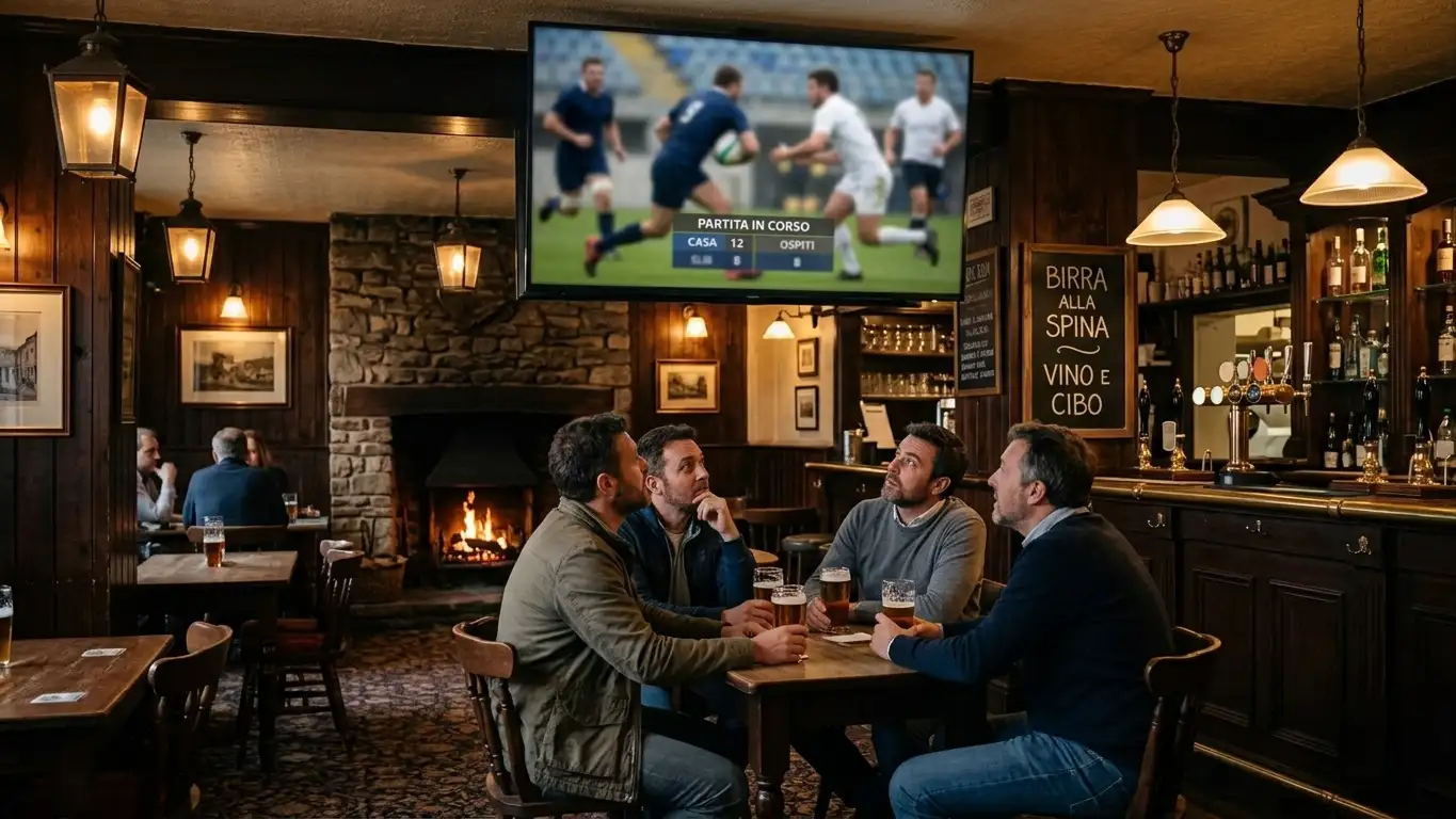 Pub inglese con tifosi che guardano la Premiership Rugby alla TV