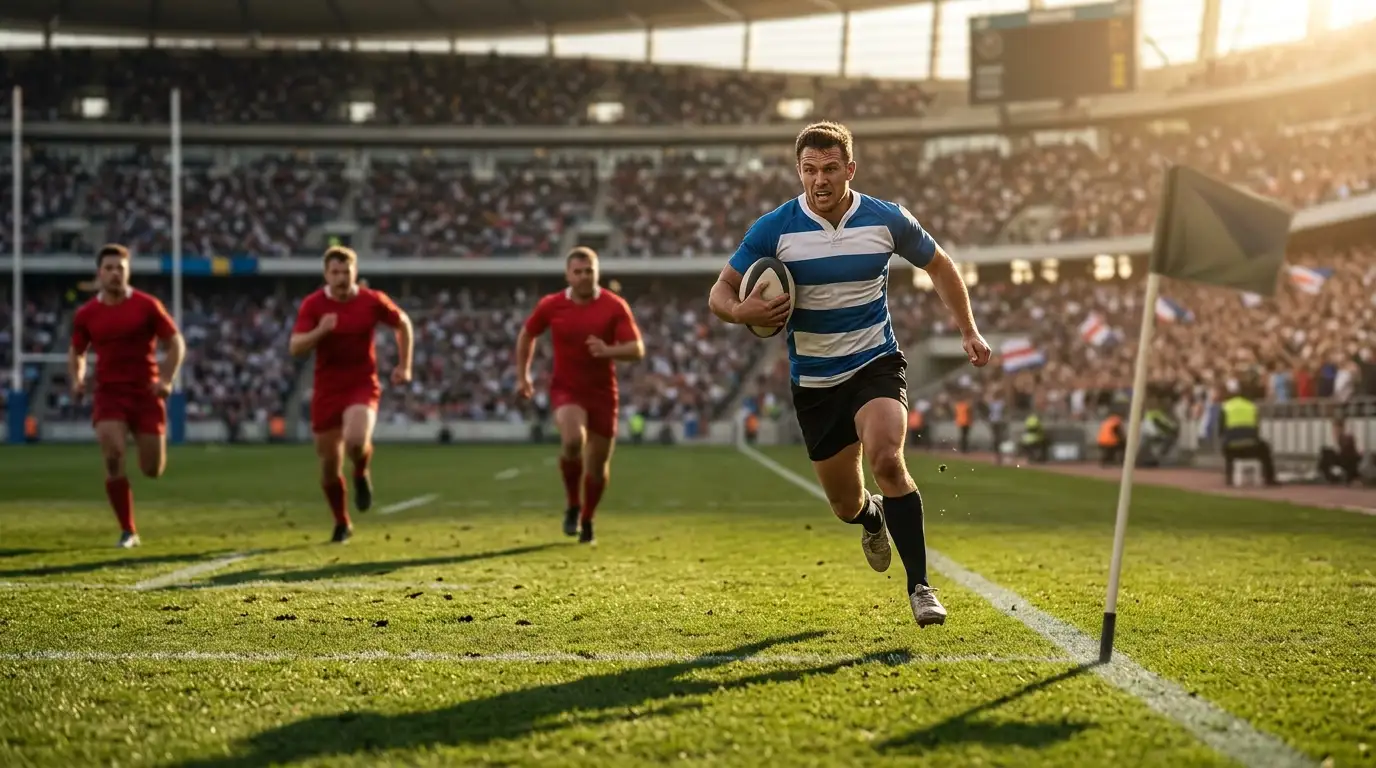 Ala di rugby corre lungo la fascia laterale verso la linea di meta avversaria