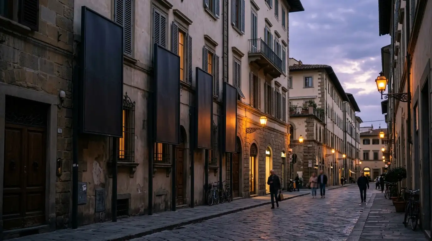 Strada italiana al crepuscolo con cartelloni pubblicitari spenti e vuoti