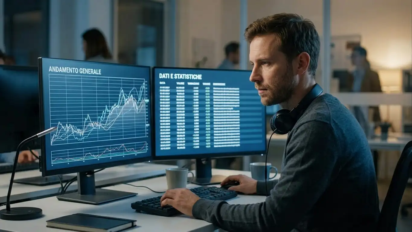 Operatore di trading sportivo monitora movimenti di quote su due schermi