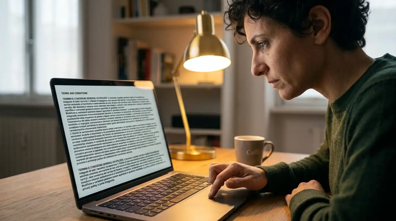 Persona consulta termini e condizioni di servizio di streaming su laptop