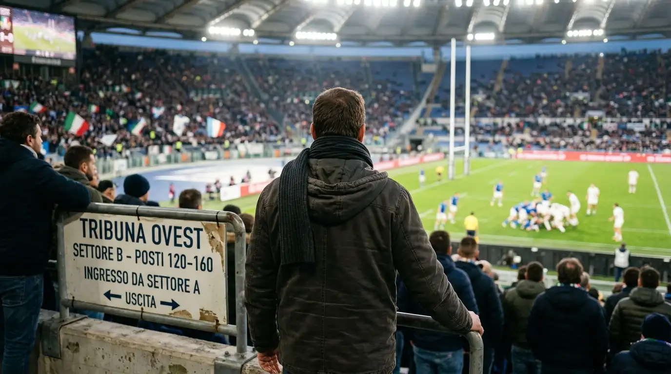 Tifoso di rugby italiano segue partita URC dalla tribuna con sciarpa