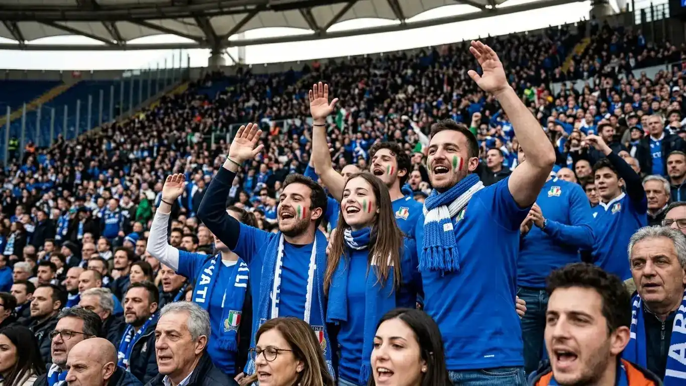 Tifosi italiani allo Stadio Olimpico durante una partita del Sei Nazioni di rugby