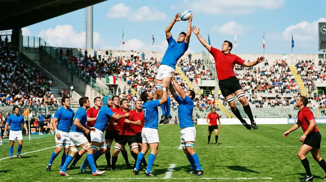 Touche contestata in un match di rugby URC con giocatore sollevato