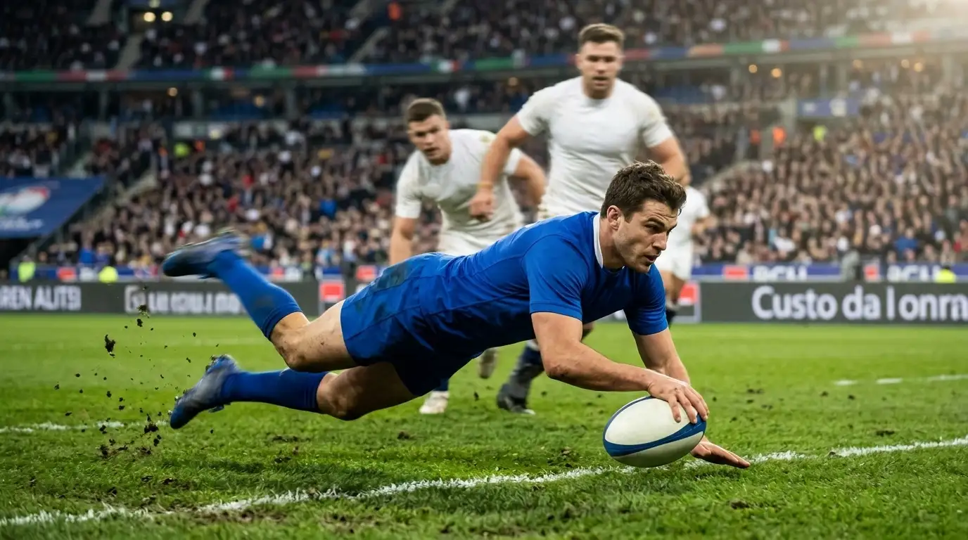 Giocatore di rugby segna una meta schiacciando il pallone ovale oltre la linea