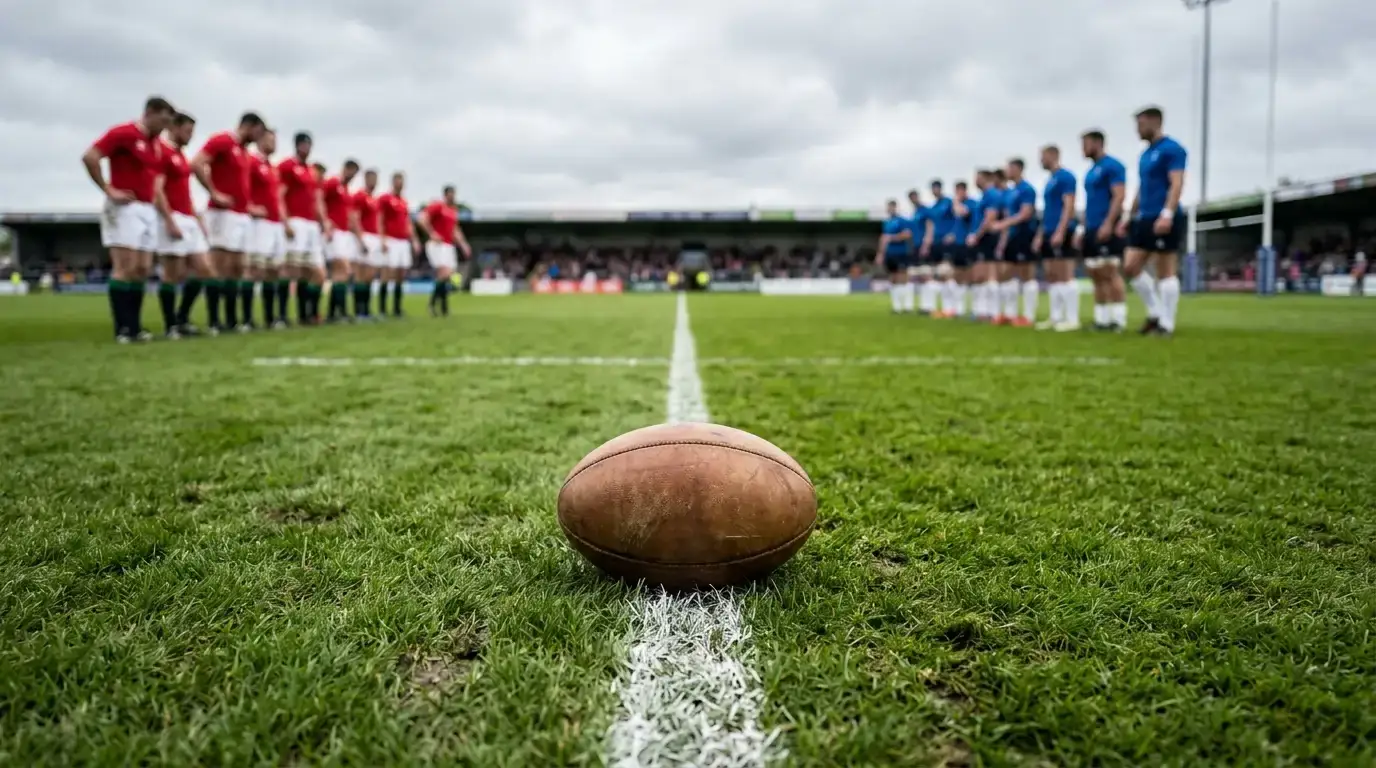 Pallone ovale fermo sulla linea di metà campo di rugby con due squadre sullo sfondo