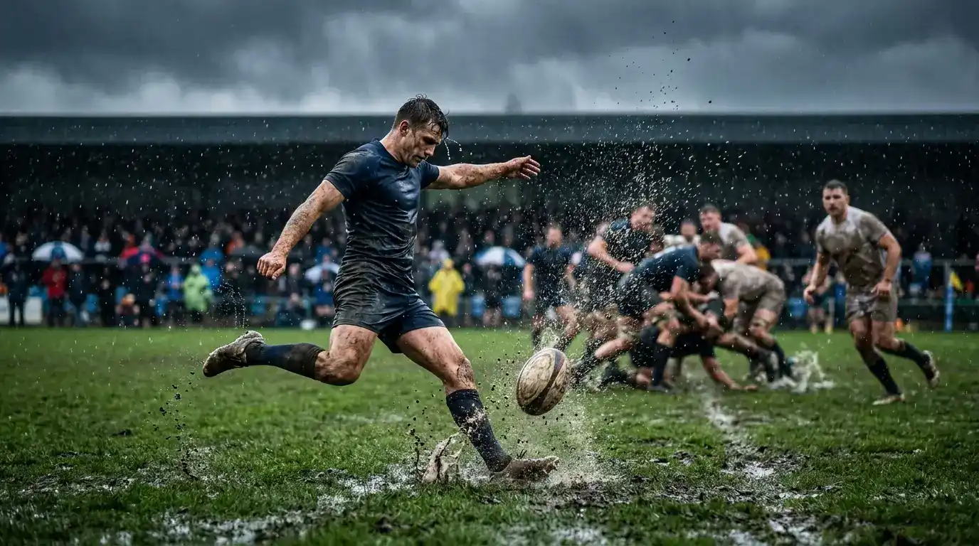 Match di rugby disputato sotto la pioggia con il campo bagnato e palloni che scivolano