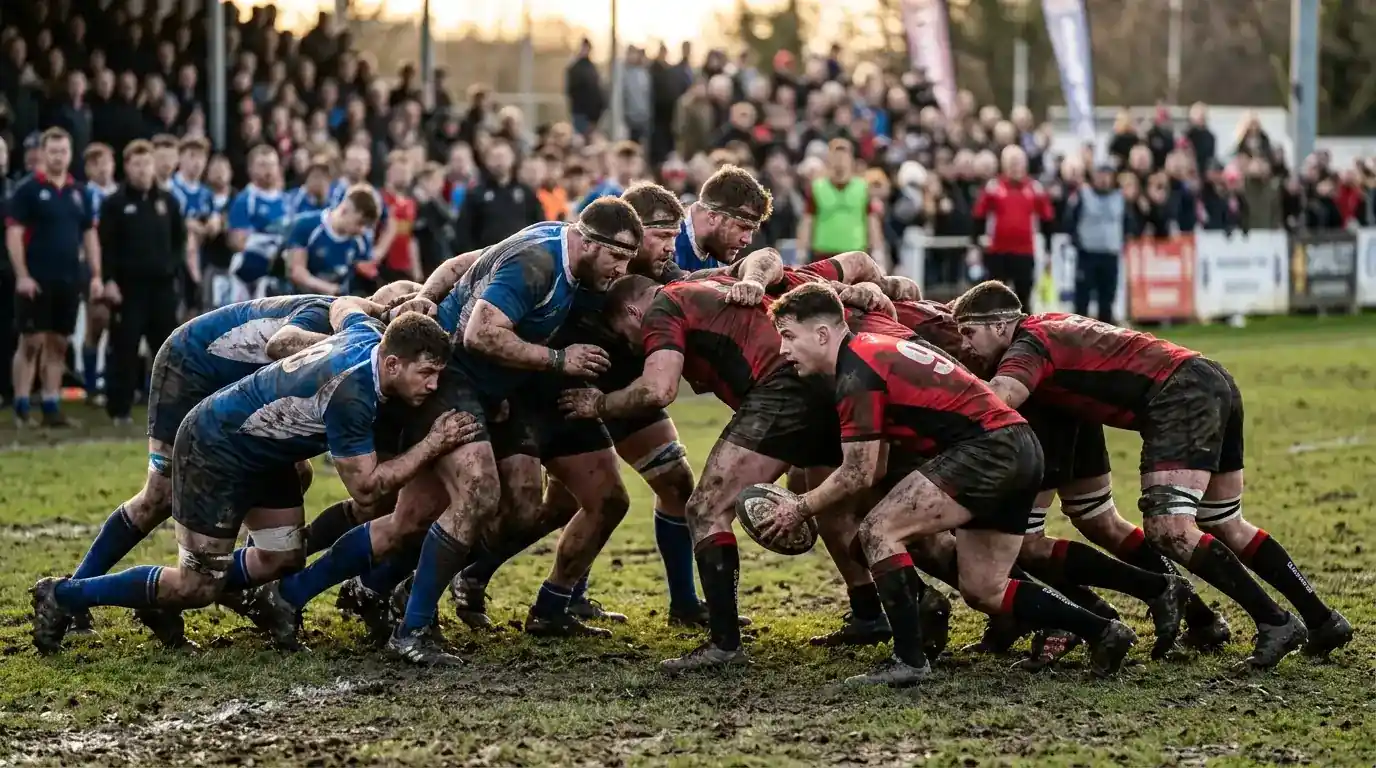 Mischia di rugby contestata fra due nazionali con palla appena uscita