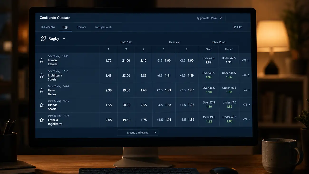 Confronto tra quote di diversi bookmaker su uno schermo desktop in penombra