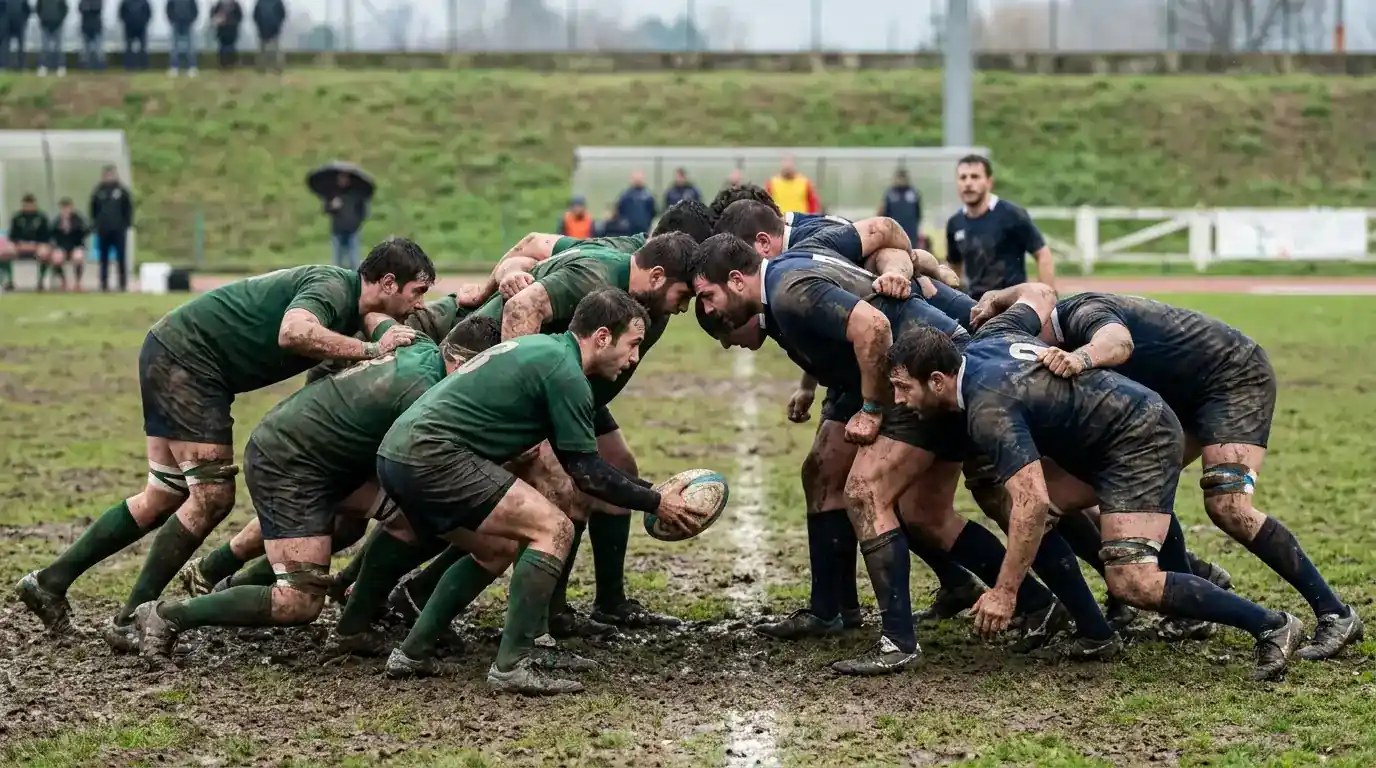 Mischia di rugby a 15 con otto giocatori per squadra