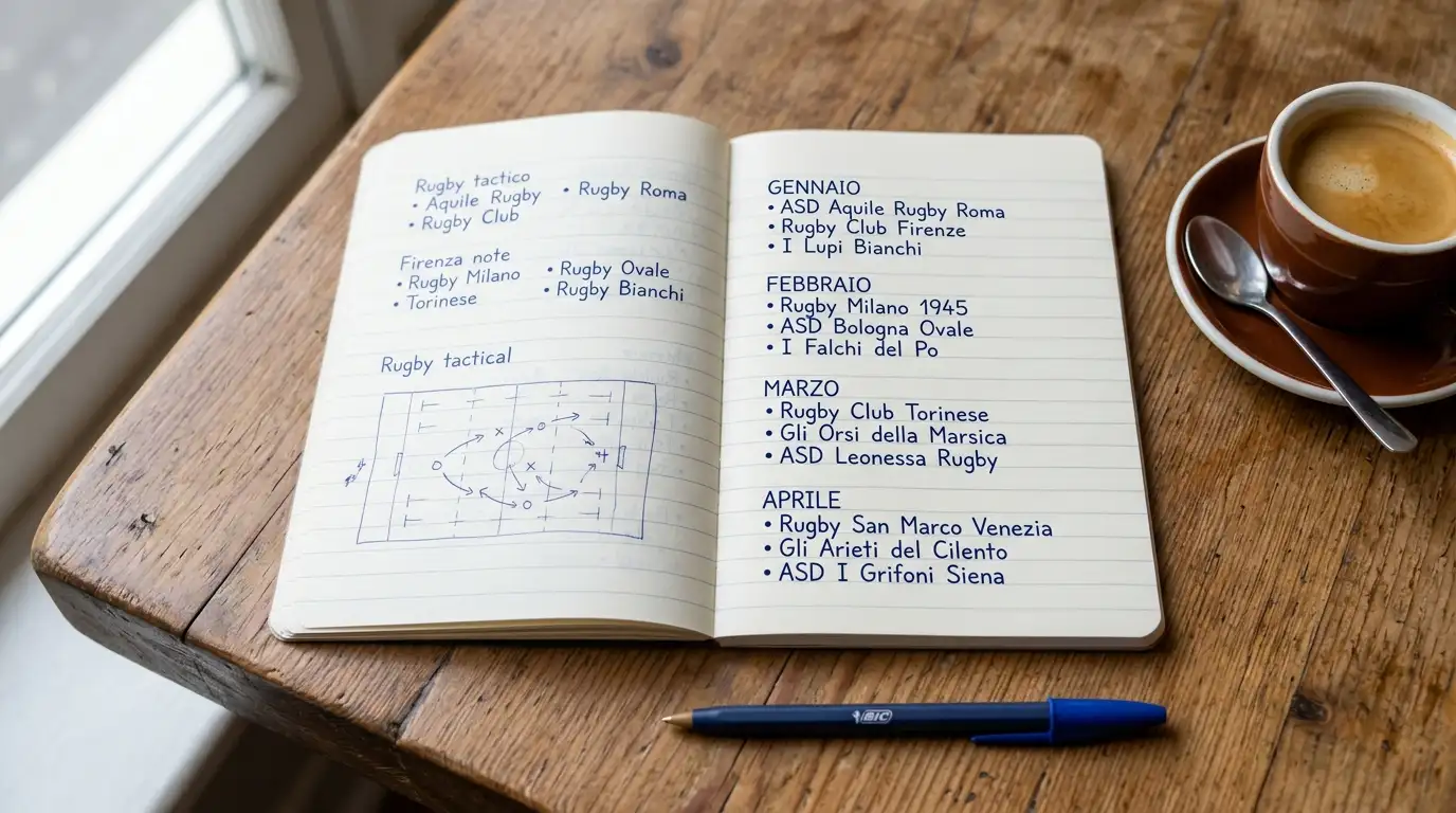 Appunti su taccuino con piano di analisi pre-Coppa del Mondo rugby