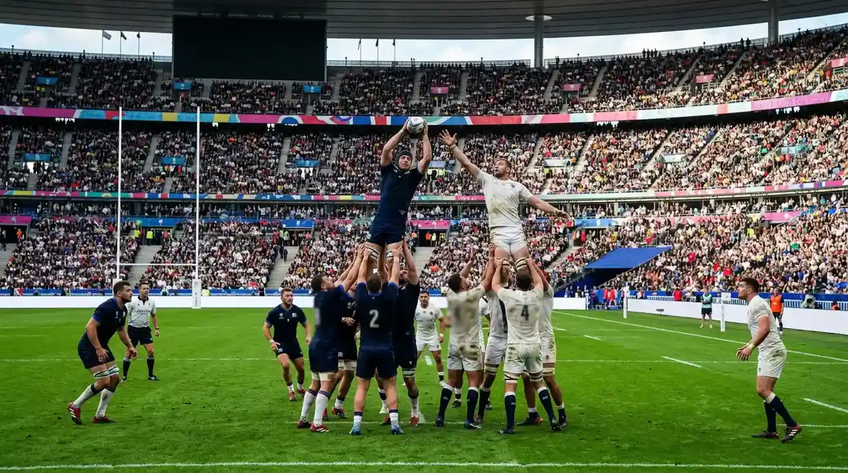 Partita di rugby a 15 nella fase a gironi della Coppa del Mondo con stadio gremito