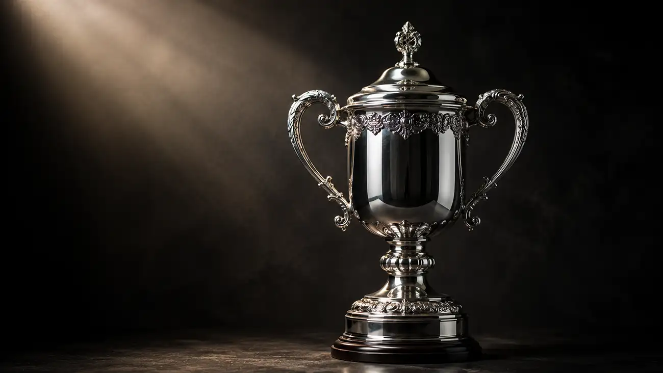 Trofeo Webb Ellis della Rugby World Cup illuminato in primo piano su sfondo scuro