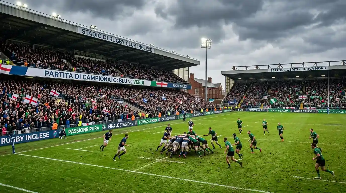 Stadio inglese di rugby Premiership con squadre in campo durante una partita pomeridiana
