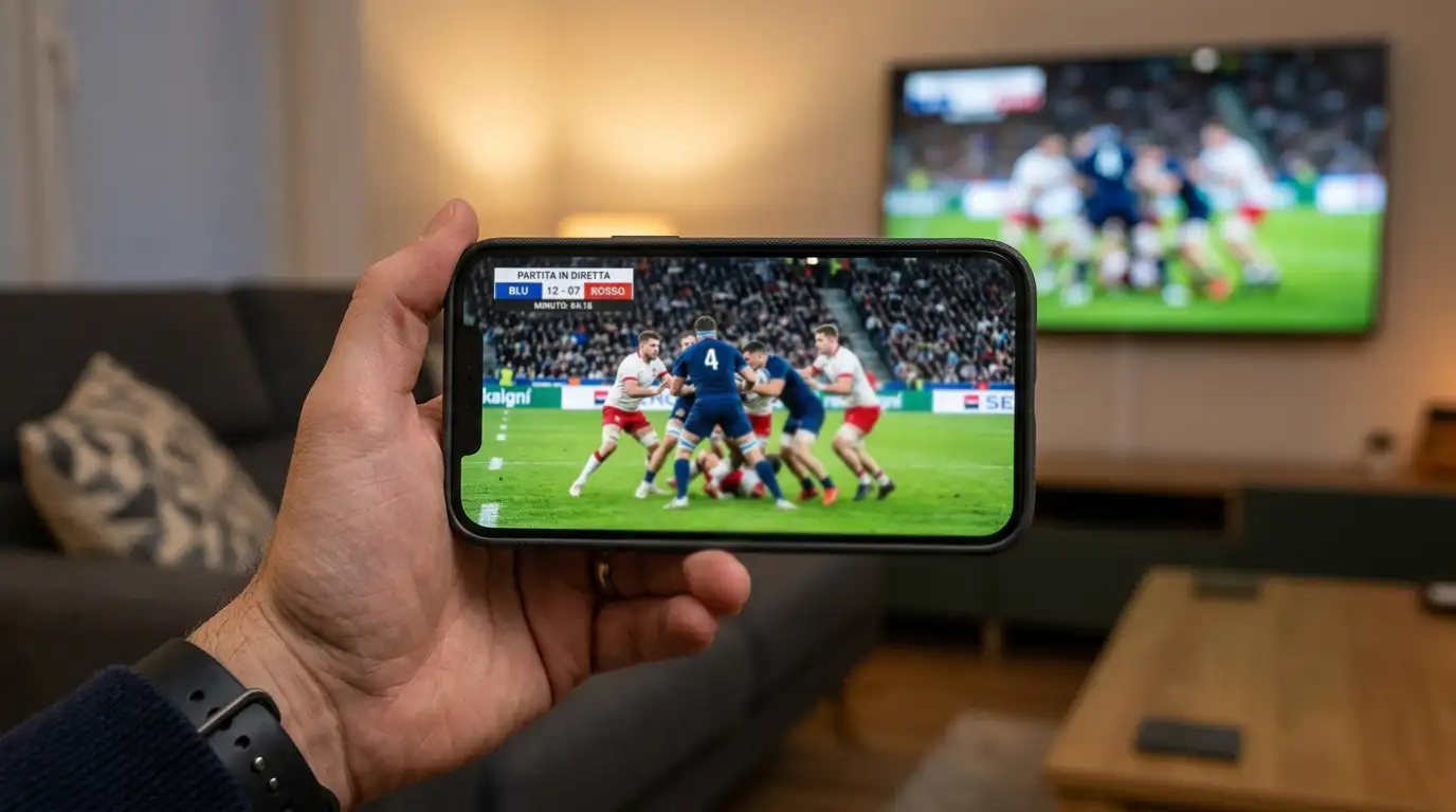 Smartphone trasmette una partita di rugby in diretta in un salotto la sera