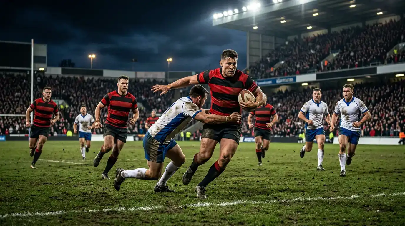 Partita di rugby a 13 della Super League inglese con placcaggio in azione