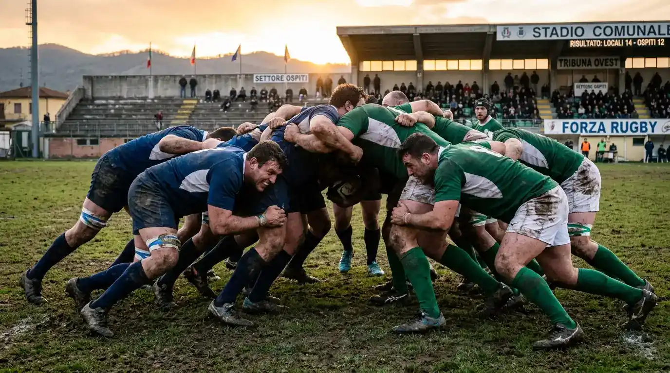 Mischia di rugby in una partita del Top 10 Eccellenza italiano in un piccolo stadio