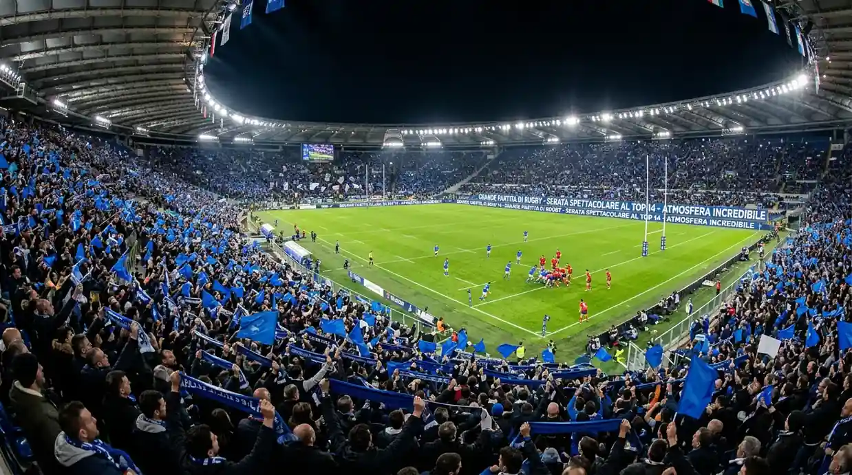 Stadio francese di rugby Top 14 con tifosi e bandiere blu durante una partita serale