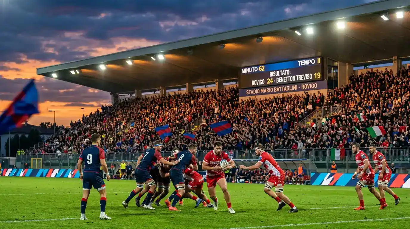 Stadio di rugby illuminato la sera con partita United Rugby Championship in corso