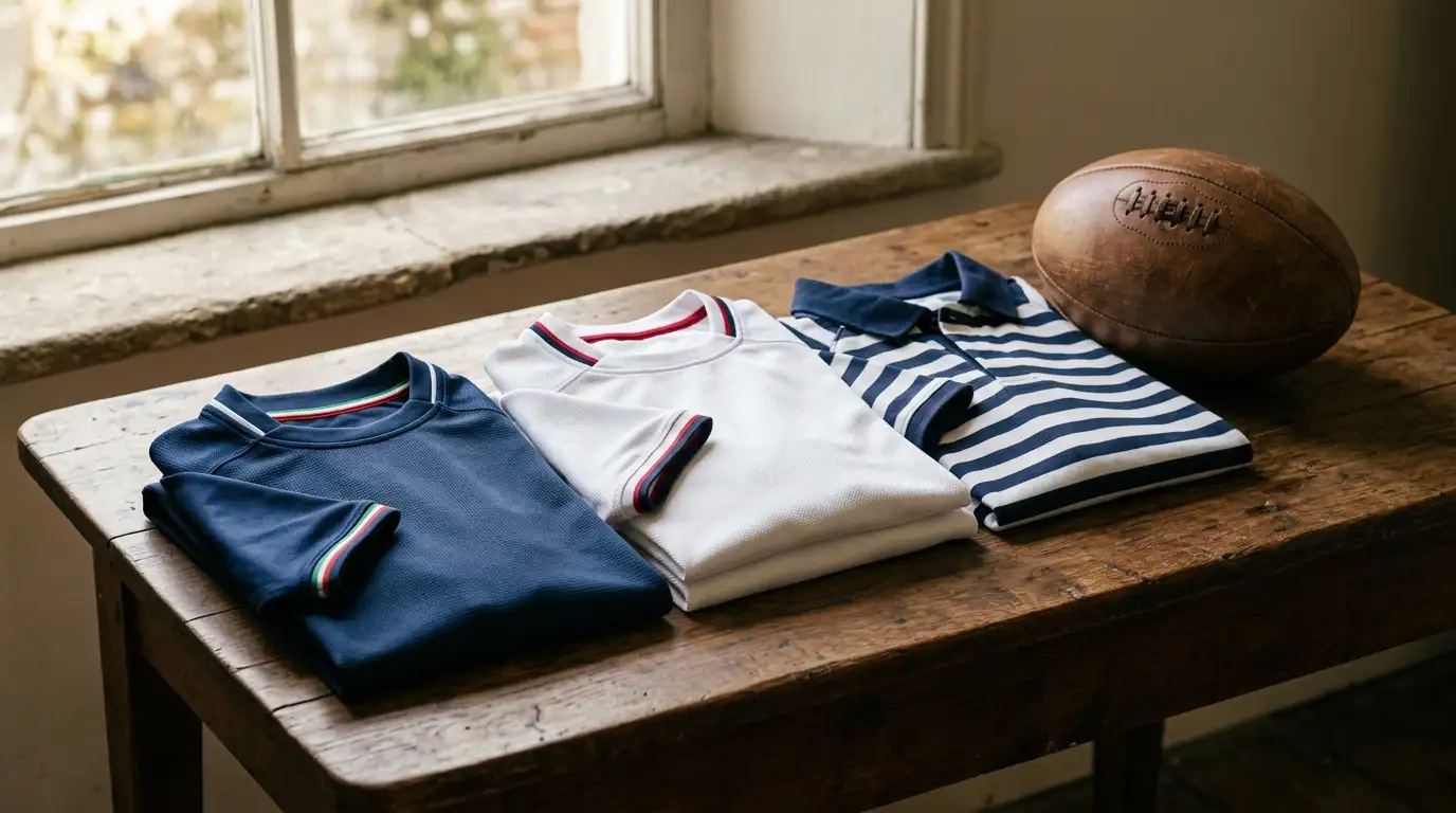 Tre maglie da rugby dei principali tornei poggiate su un tavolo di legno