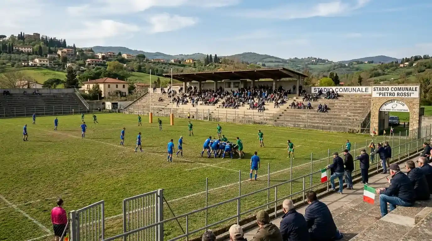 Piccolo stadio italiano di rugby con tribune scoperte