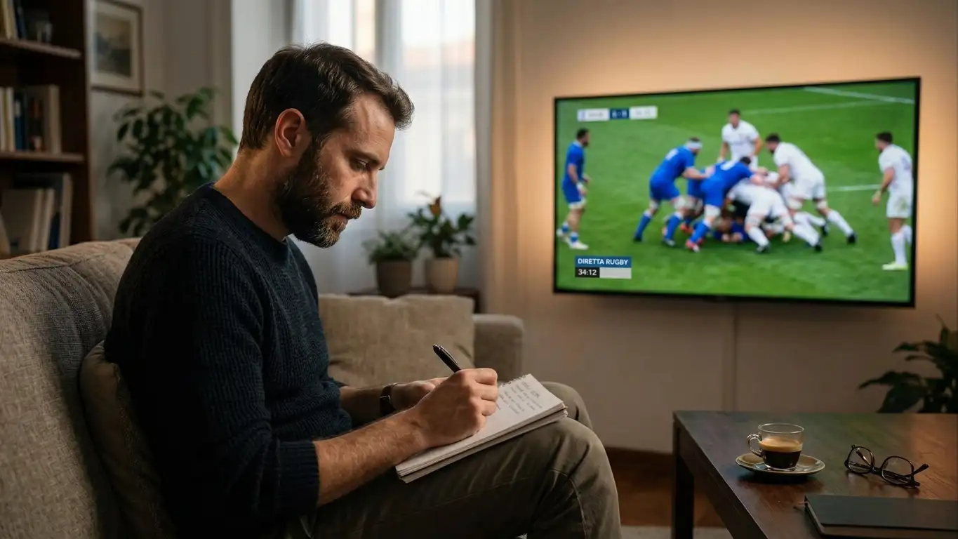 Uomo prende appunti su quaderno mentre guarda un match di rugby in televisione