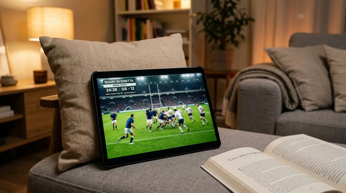 Tablet appoggiato a un cuscino mostra una partita di rugby in streaming