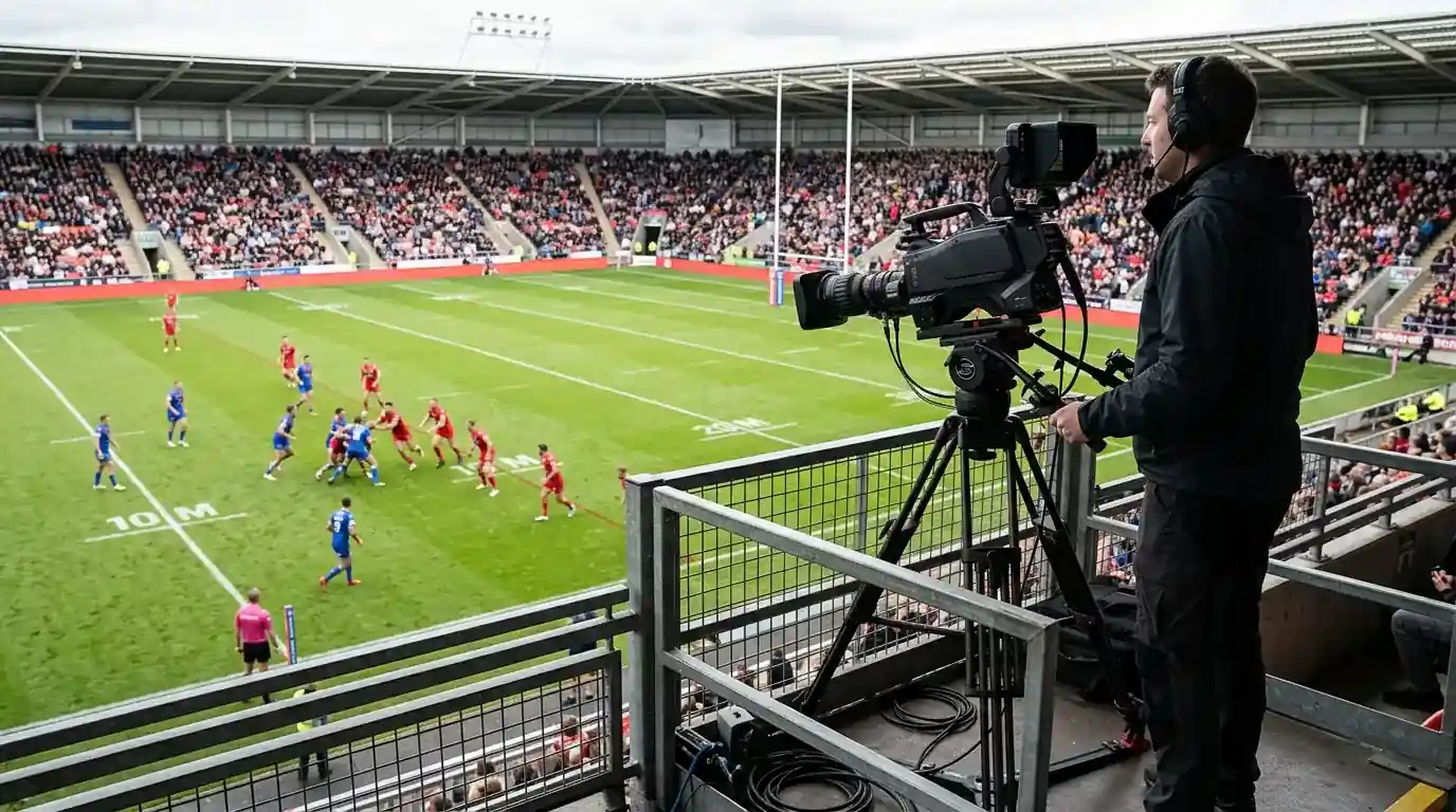 Telecamera segue match di Super League rugby a 13 in stadio