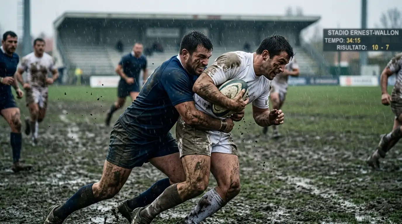 Placcaggio difensivo in un match di rugby Top 14