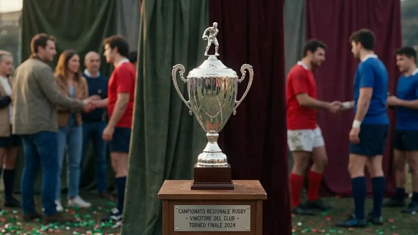 Premiazione dei playoff URC con coppa argentata su tavolo