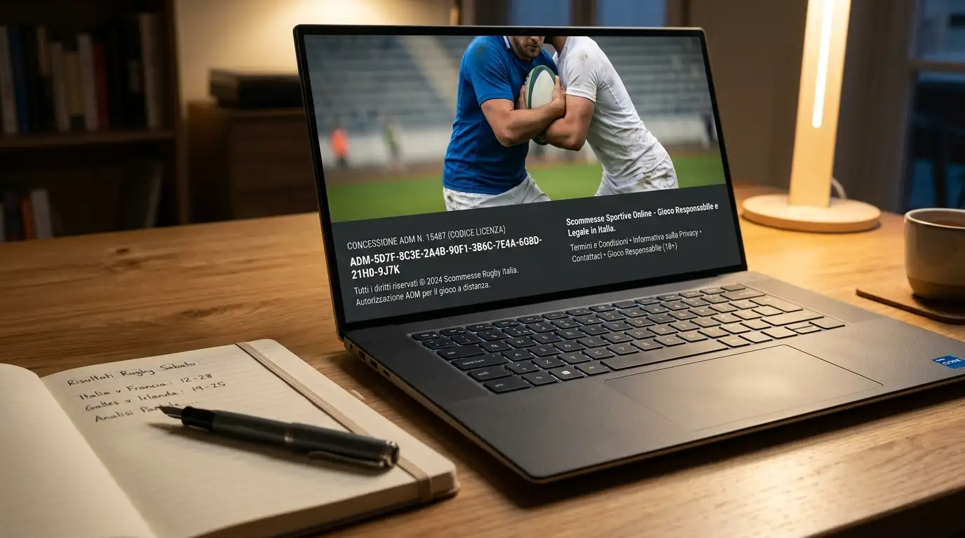 Schermo di laptop mostra il footer di un sito di scommesse con codice di licenza