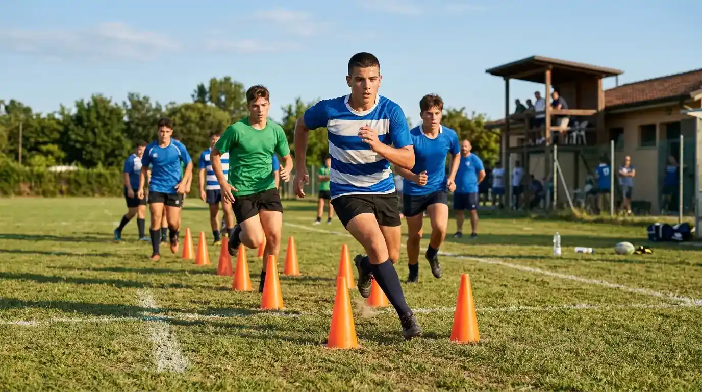 Giovani giocatori di rugby a 13 si allenano su un campo verde
